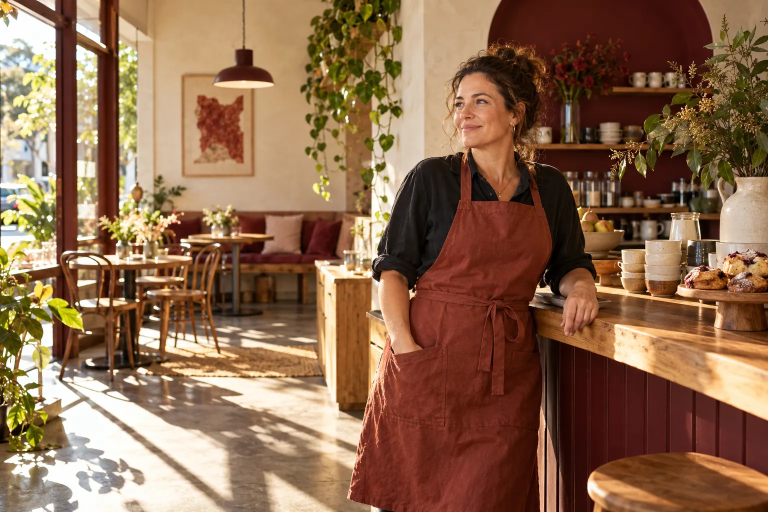 A cafe owner in a russet apron standing beside the timber counter of a sunlit neighbourhood cafe.